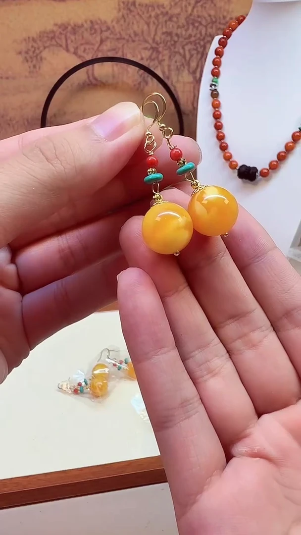 蜜蜡14K金镶嵌耳饰E208