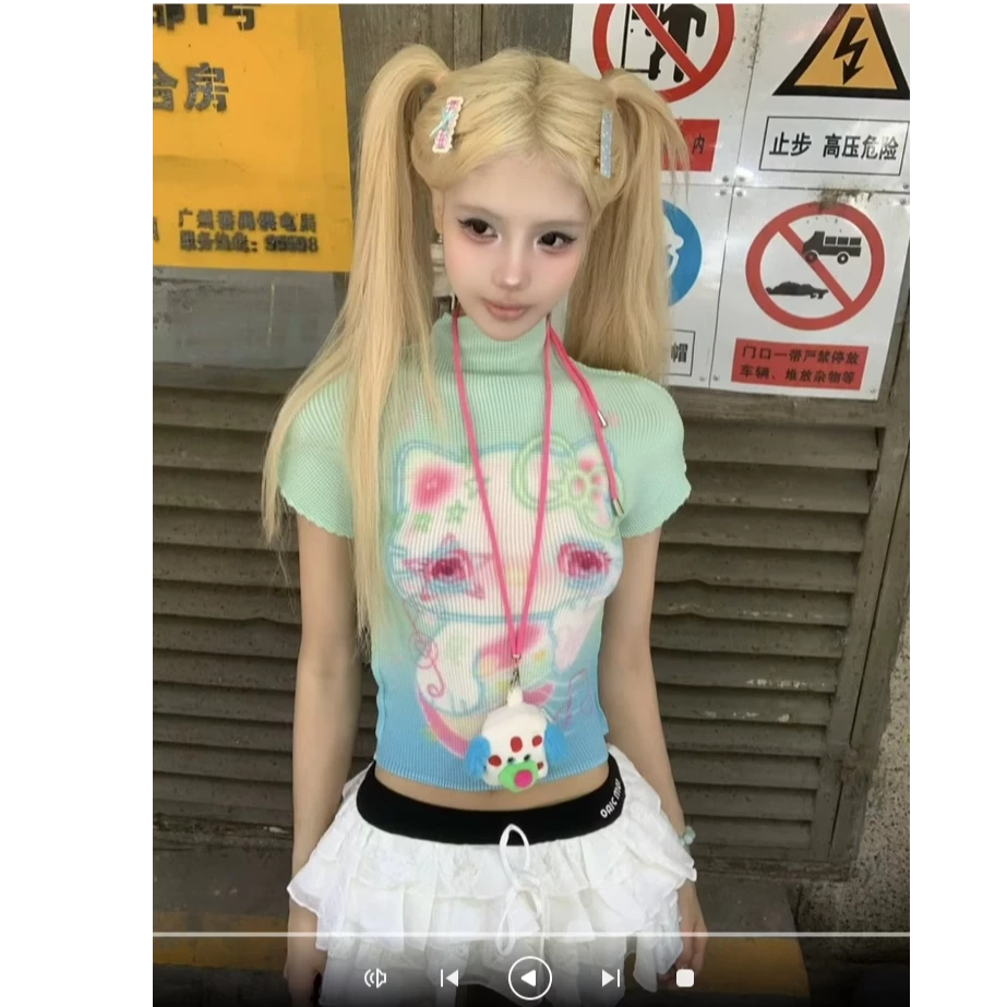 彩色印花原创设计彩色小猫夏日多巴胺甜辣显瘦压褶菠萝衫短袖上衣