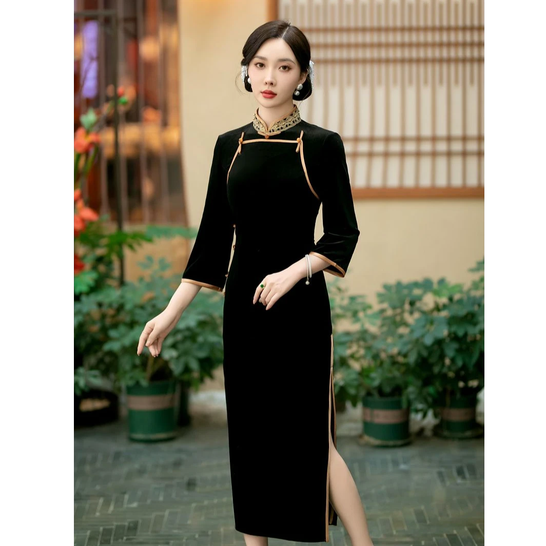 【丝绒流金】旗袍订婚礼服修身黑色小个子改良订婚订婚礼服女古法
