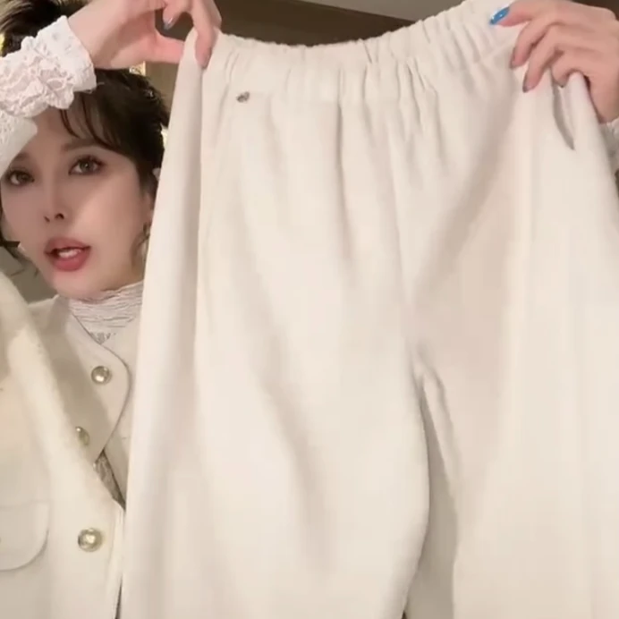 韩系冬季新款加绒加厚糯米阔腿裤慵懒风休闲裤女垂感直筒松紧长裤