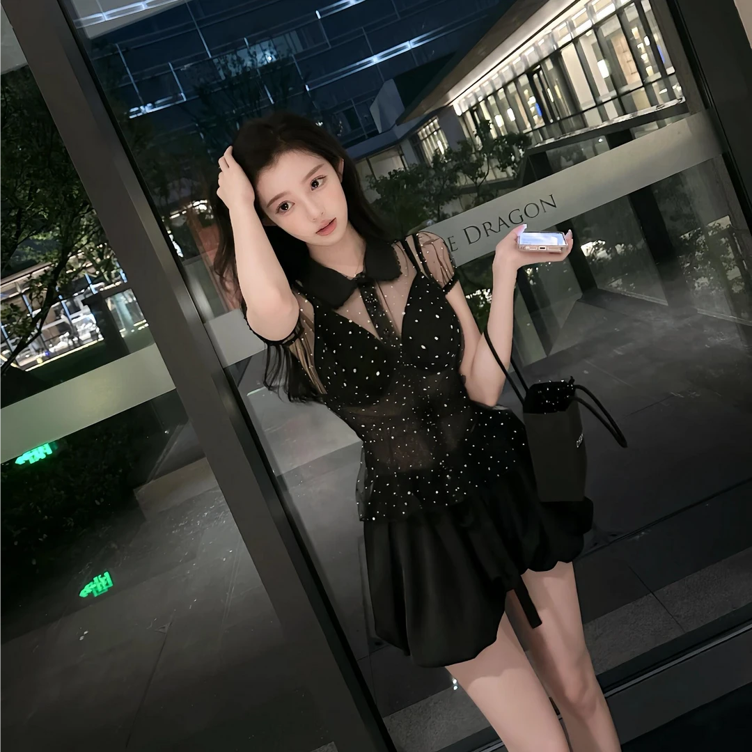 韩系女神2025夏季新款时尚翻领性感透视波点印花上衣配花苞短裙裤