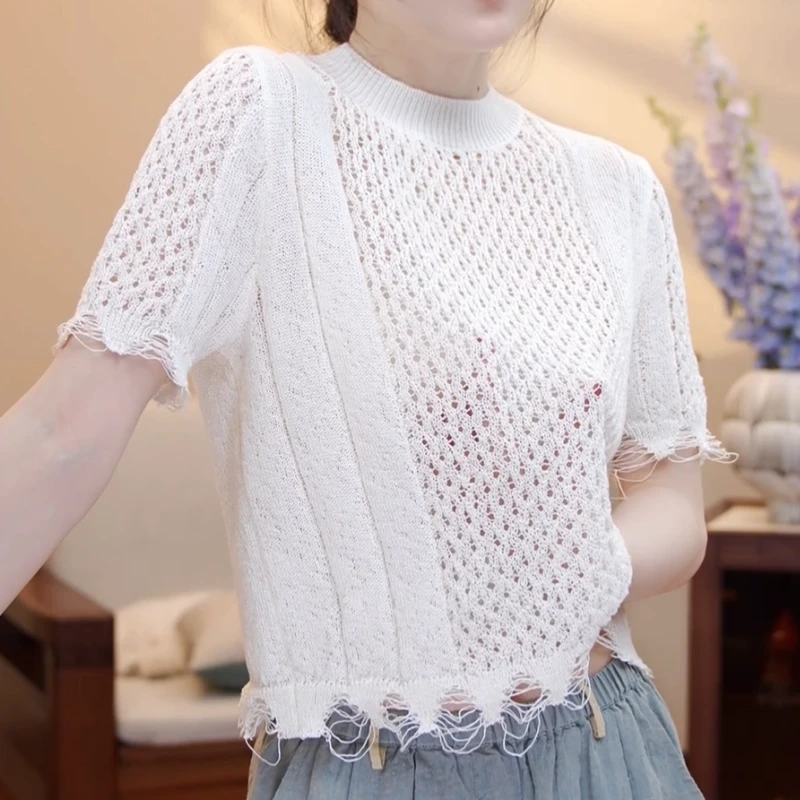 2025夏季气质镂空套头圆领百搭显瘦气质短袖针织衫LK2503267