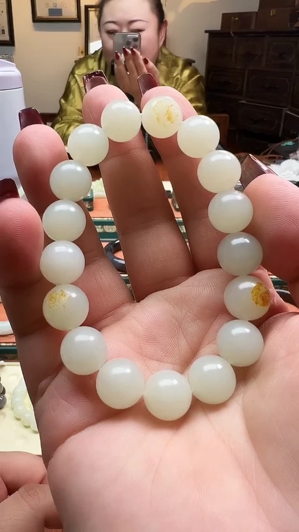 未镶嵌手串和田玉12mm左右带皮白玉圆珠单圈