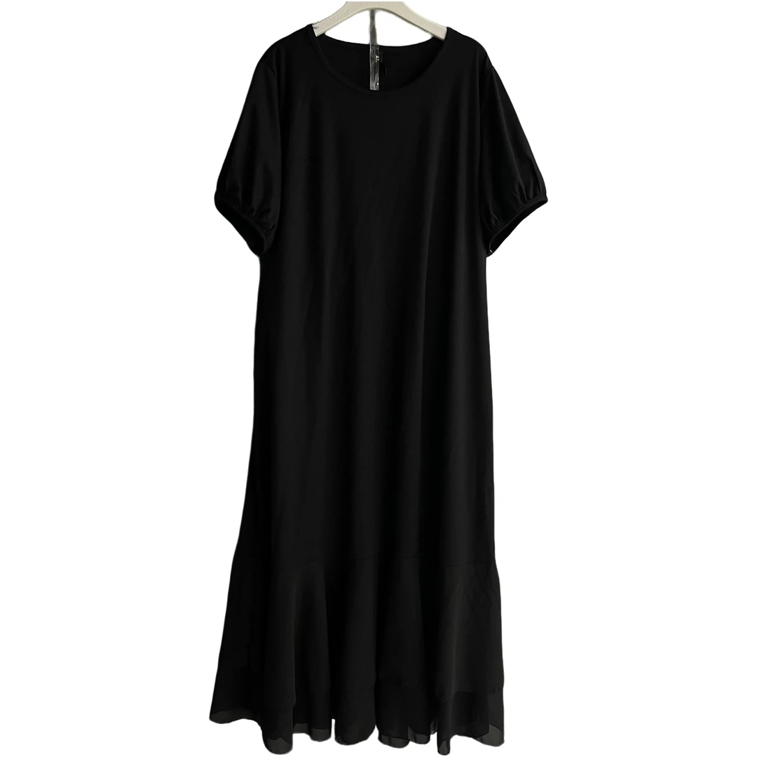 夏季新款设计感拼接鱼尾短袖宽松显瘦气质女士黑色连衣裙休闲裙子