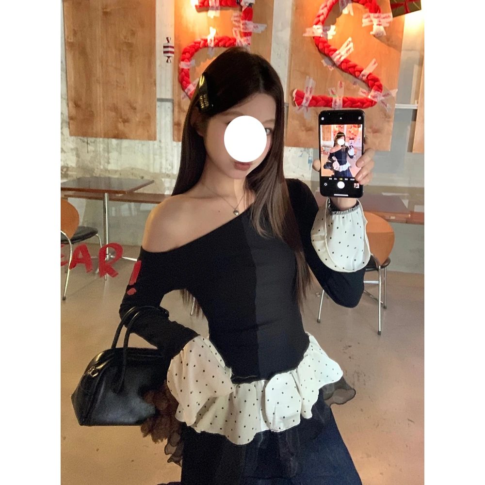纯欲风网纱拼接撞色斜肩上衣女春夏季2025新款设计感百搭长袖T恤