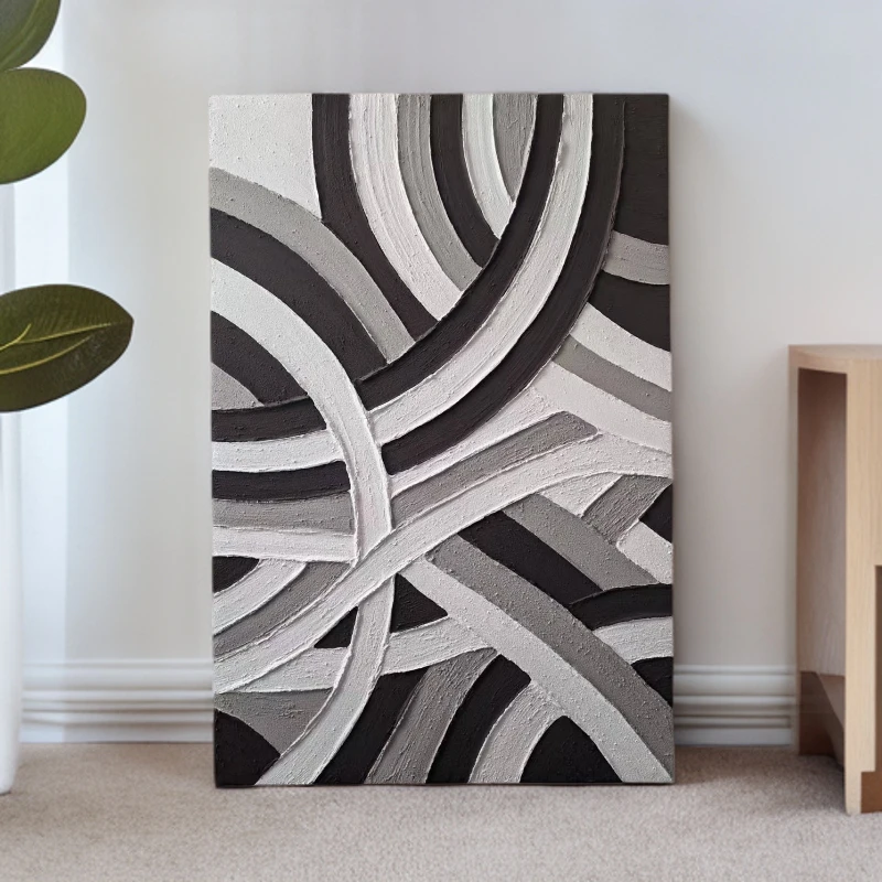 意式极简抽象黑白色方格线条客餐厅玄关装饰挂画客厅背景墙挂画