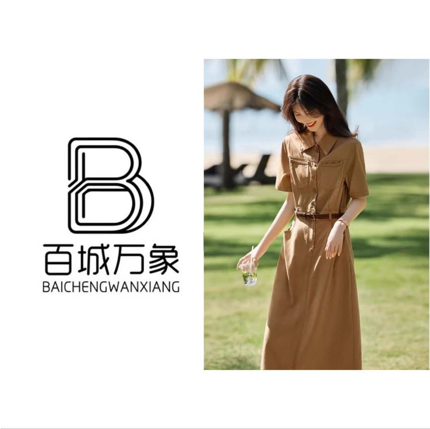 卡其色连衣裙女2025年夏季度假风收腰显瘦衬衫裙