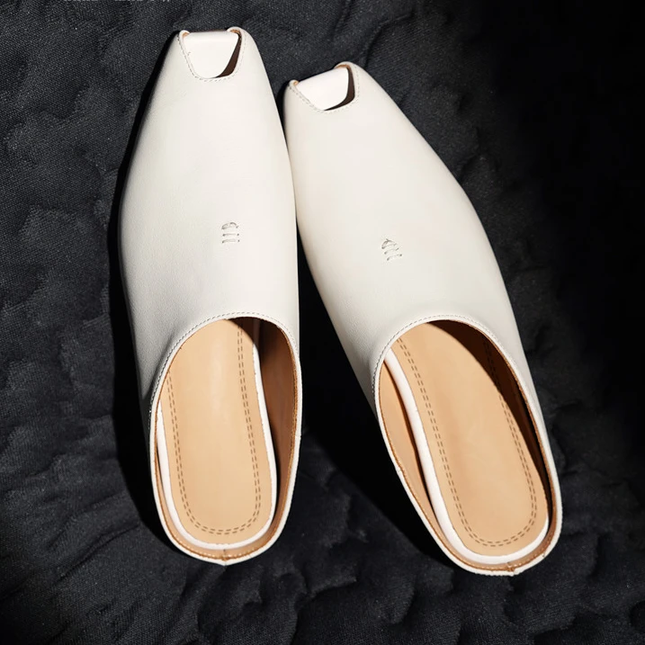 高档舒适百搭原创手工头层牛皮鱼嘴内增高时尚穆勒女拖鞋包头皮拖