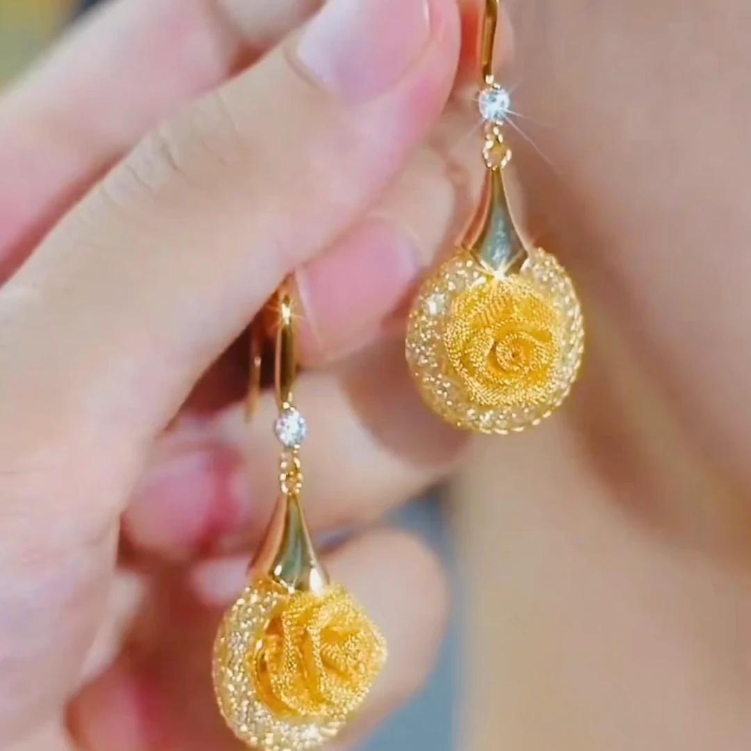 铜合金耳饰 轻奢小众设计网状玫瑰花耳环精致耳坠2025耳钩耳饰