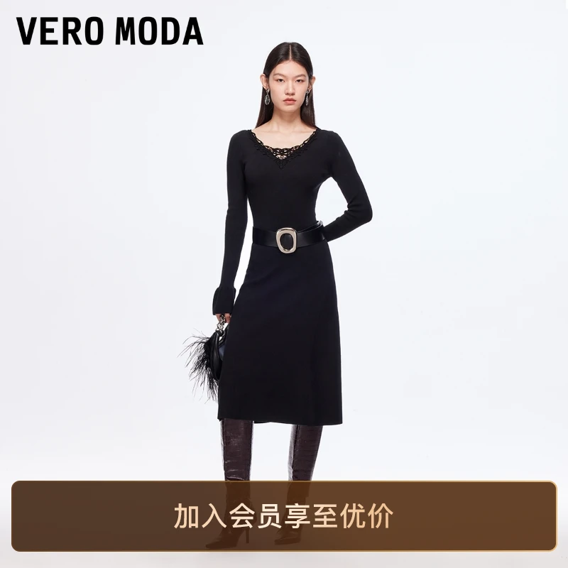 Vero Moda连衣裙25秋冬蕾丝拼接修身针织裙显瘦时尚洋气百搭女装