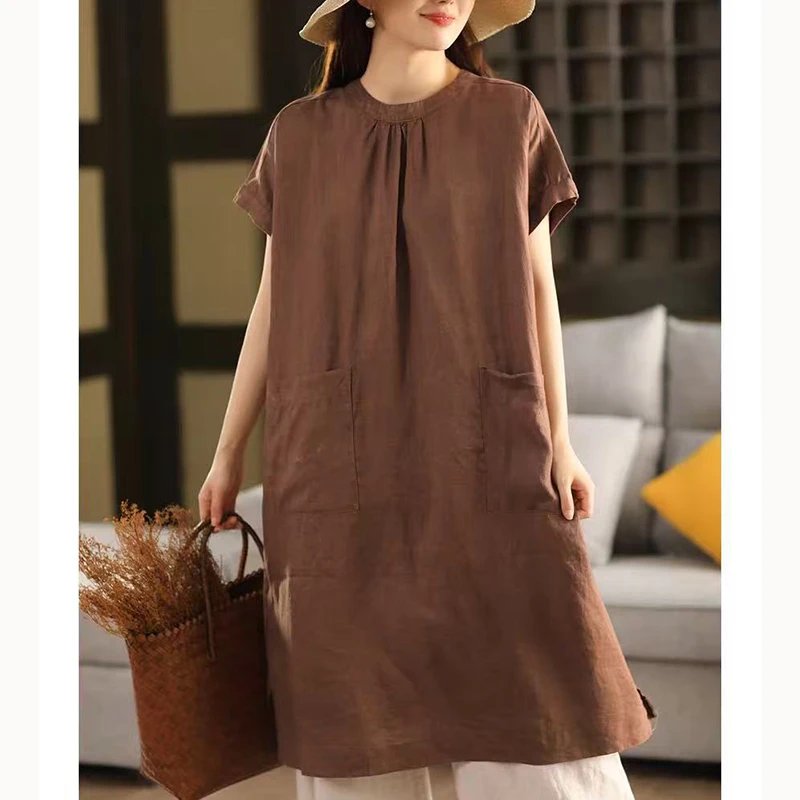 (日系短袖汉麻连衣裙)24031夏季薄款宽松显瘦文艺慵懒连衣裙W