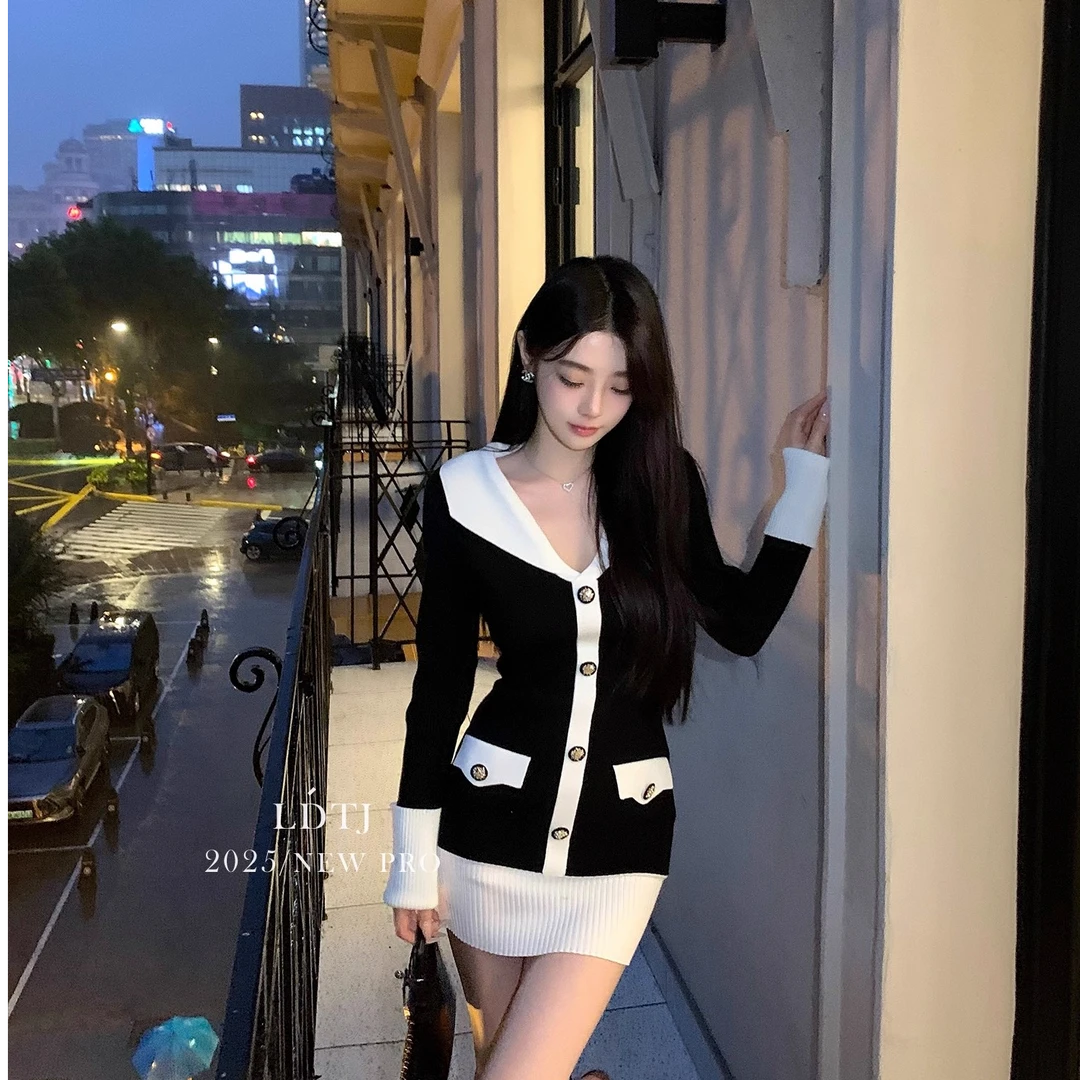 ZZS1071 LDTJ高定"黑白协奏"秋名嫒气质撞色V领修身针织连衣裙女