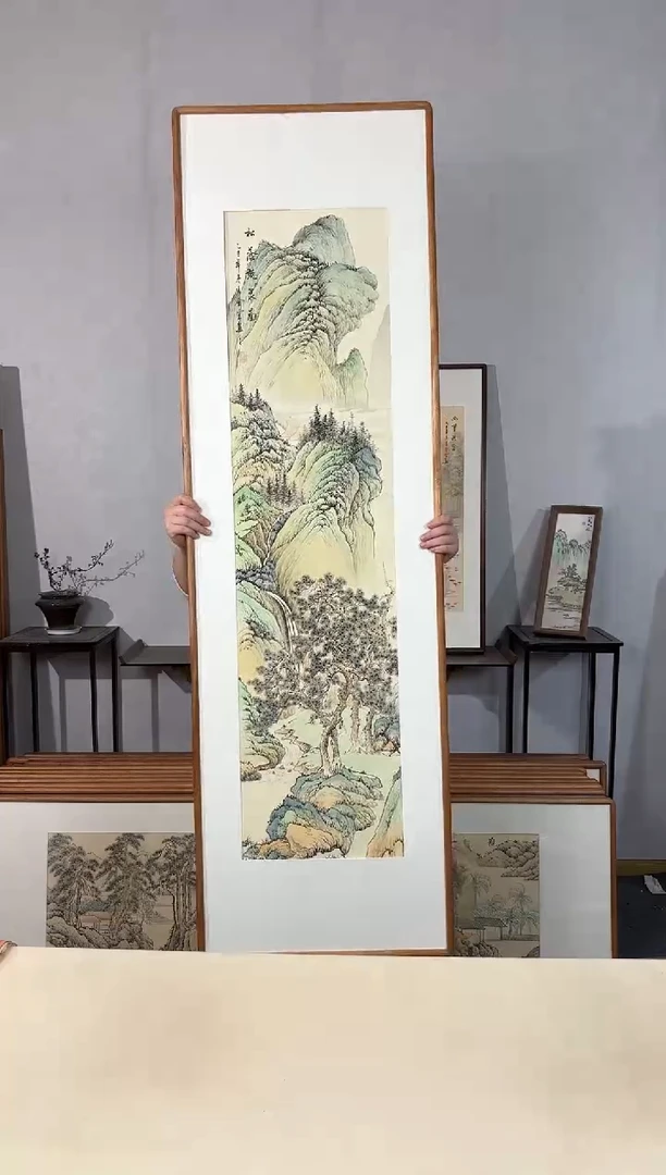 国画方**画手绘*松荫听泉图*52*172cm原木色木框