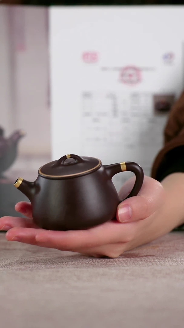 茶壶紫砂四号井茄皮紫泥描金小高瓢120cc