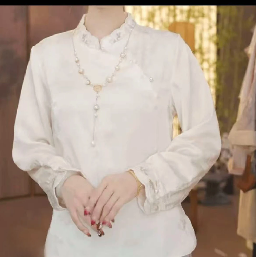 【千鸟】新中式秋冬长袖衬衫对襟常规款时尚网红宽松中年衬衫