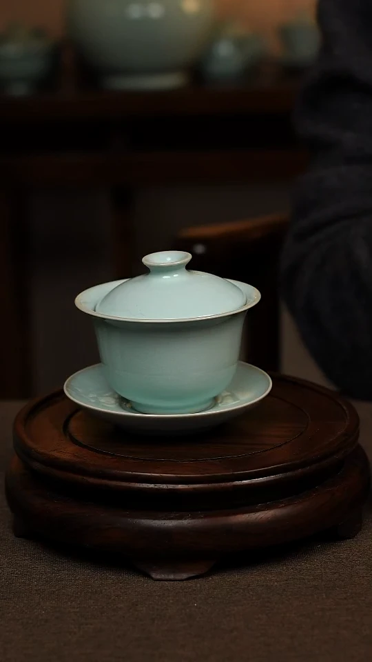 瓷片天青色全手工三才元宝盖碗150ml一级全品礼盒包装