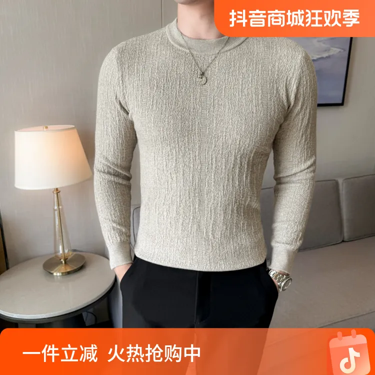 高级感痞帅男装毛衣秋冬款潮牌修身圆领针织男士潮牌内搭打底线衫