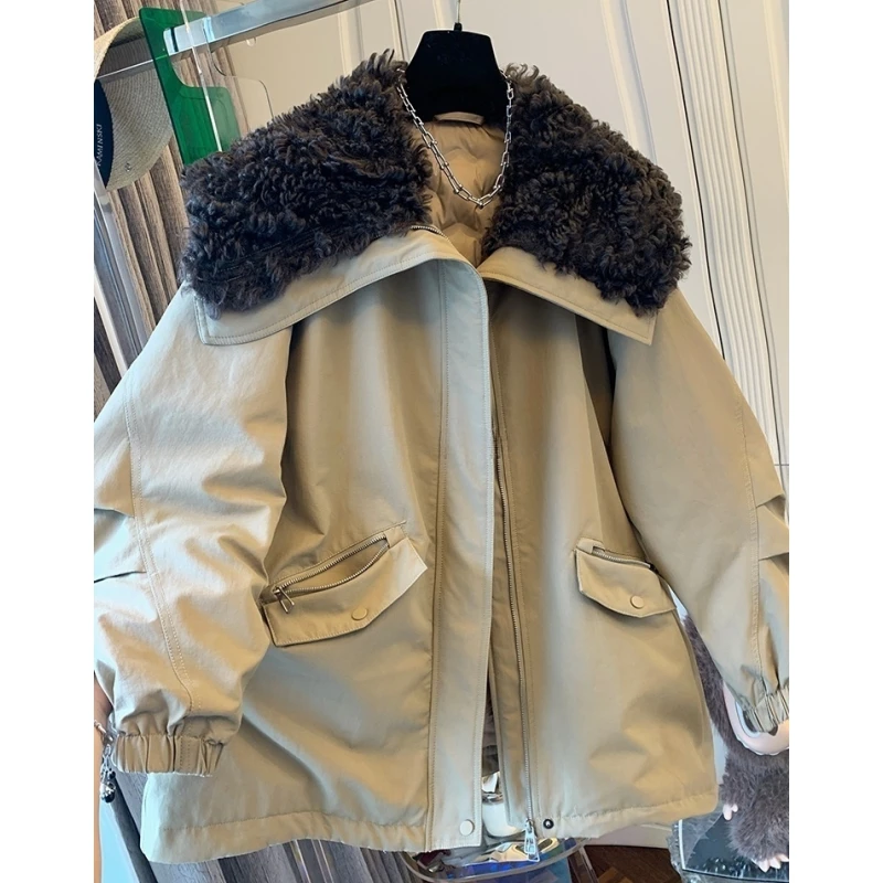 高级感休闲工装风翻领毛茸茸夹棉棉衣宽松厚款外套大衣女2025冬季
