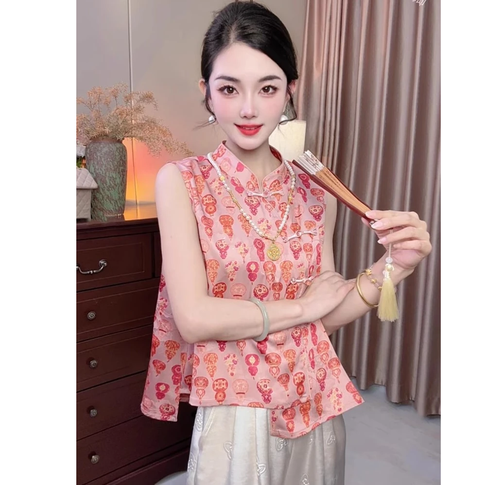 传统中国风提花马甲女夏季新款复古立领斜襟宽松薄款马夹开衫女