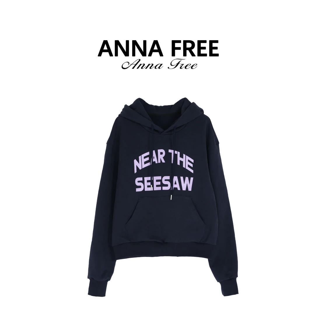 ANNA FREE 秋冬薄绒设计师款连帽卫衣宽松叠穿印花上衣ZCW251047
