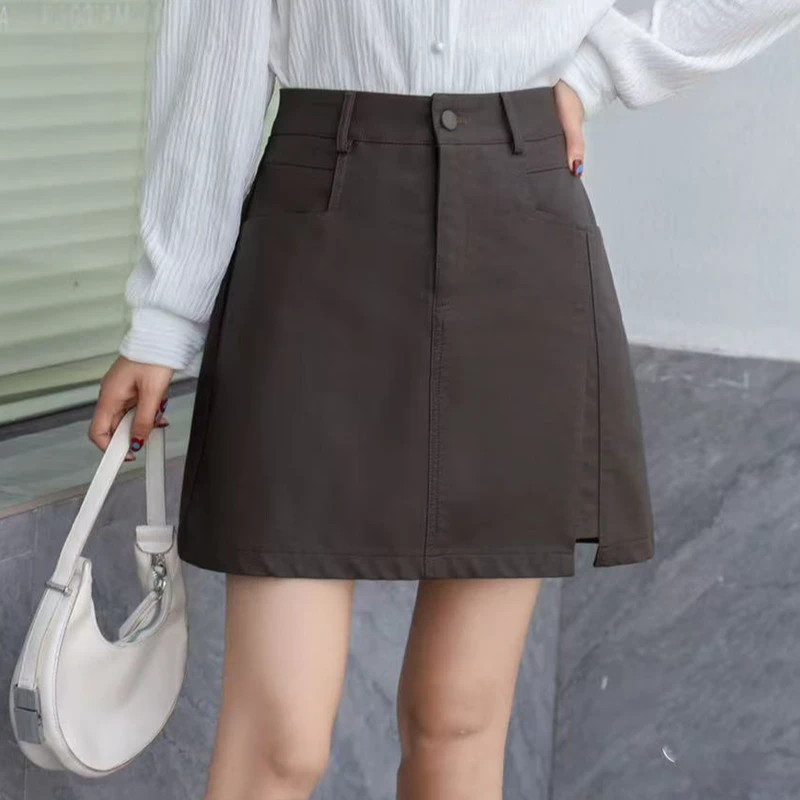小个子咖色PU皮短裙A字皮裙半身裙春秋季网红流行新款显瘦包臀裙