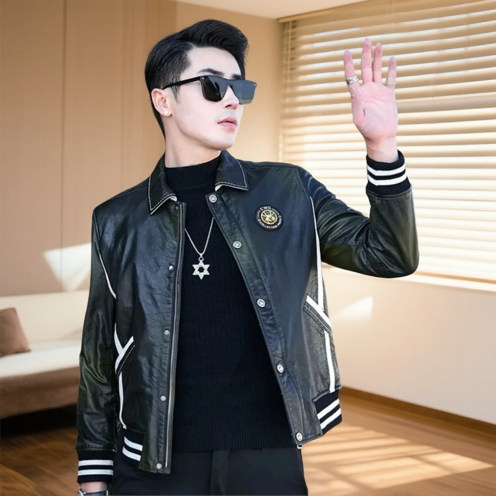 GUNEBOLURWA秋季新款油蜡皮衣男真皮休闲皮夹克绵羊皮外套潮