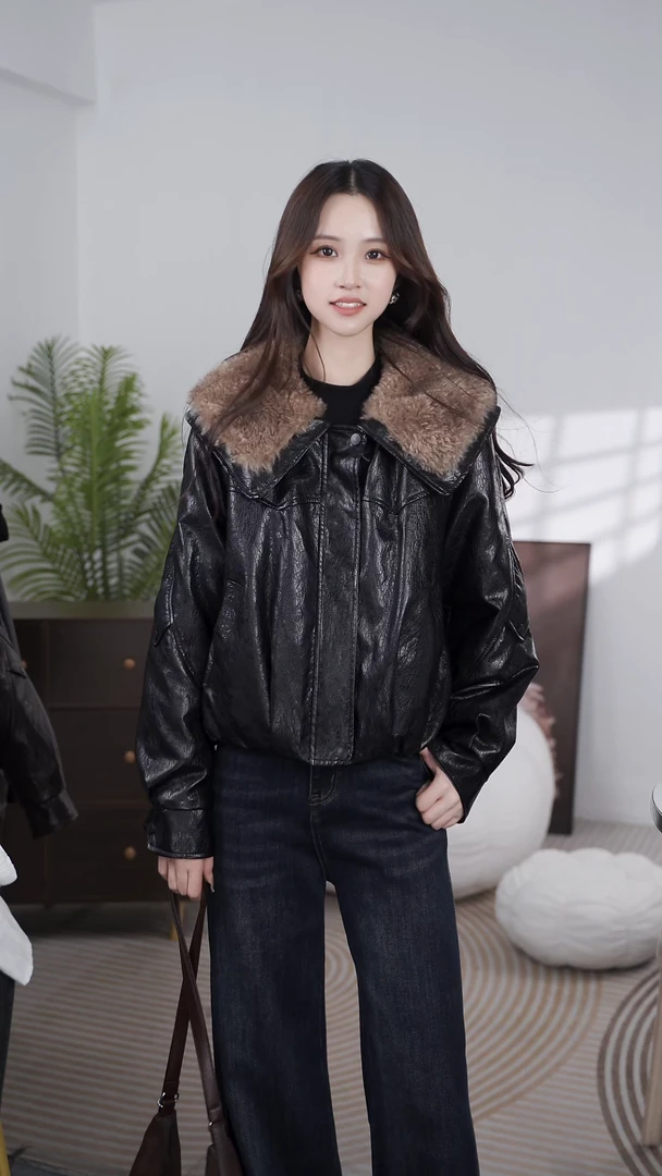 cf2526大毛绒领口毛毛皮衣女网款时尚休闲百搭