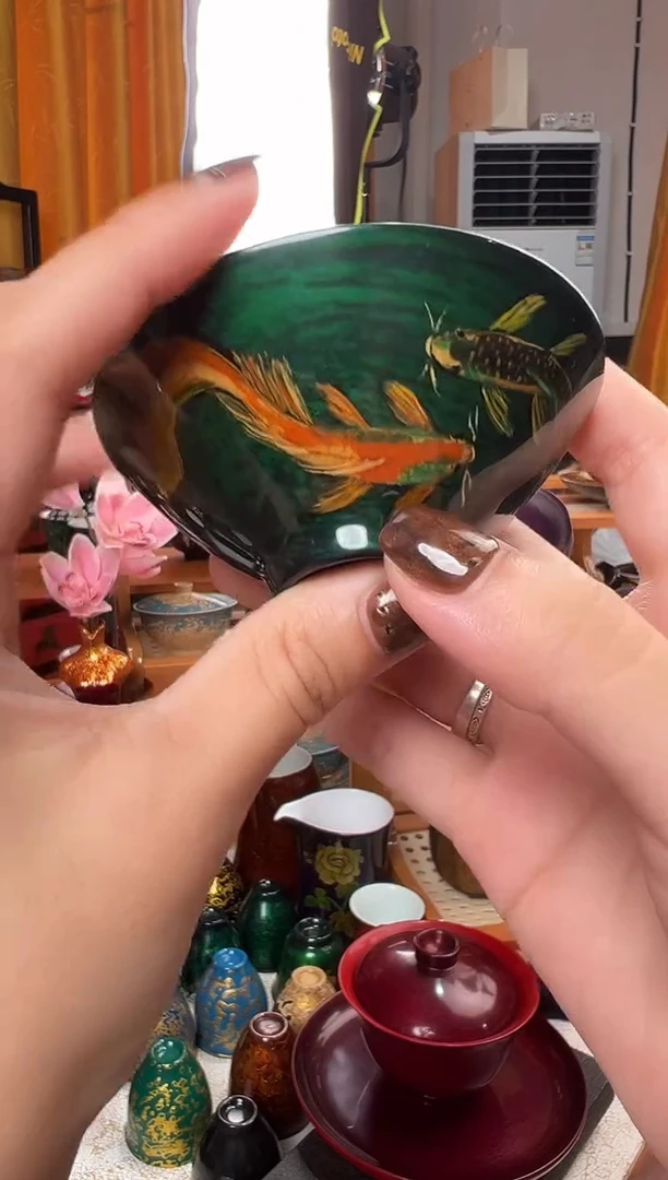 手绘双鱼斗笠杯-太古大漆