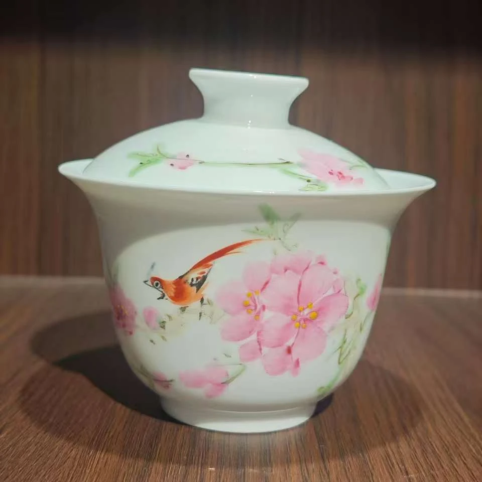 瓷博会水点桃花两才盖碗