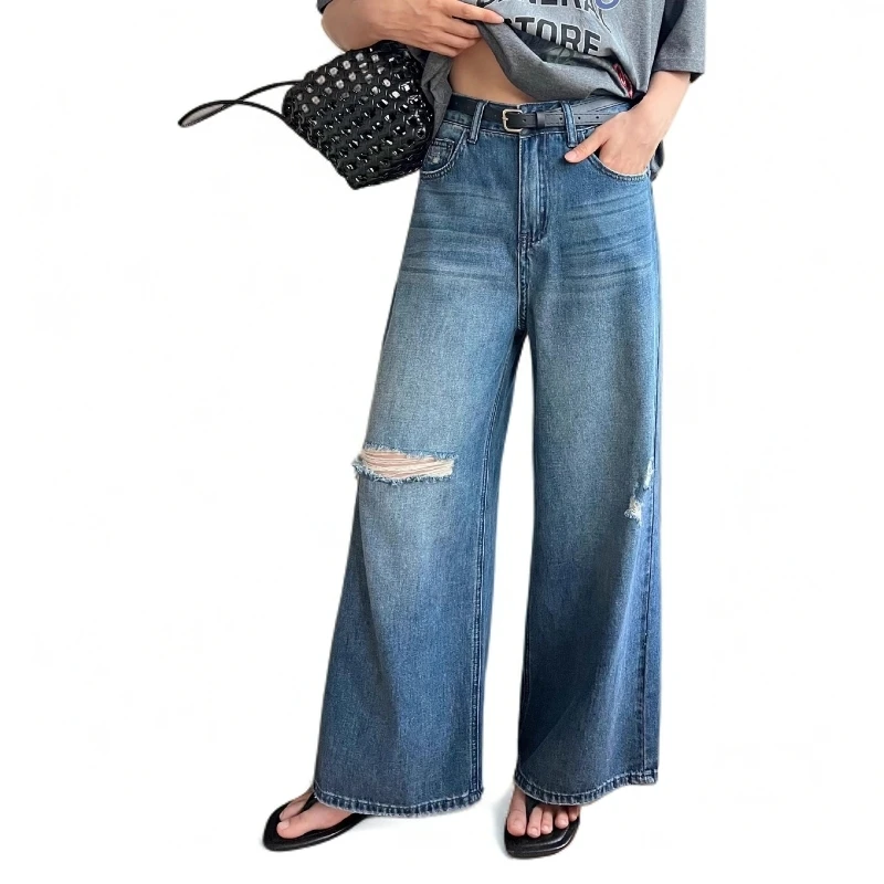 破洞高腰显瘦宽松百搭复古直筒牛仔裤裤子女款夏季洋气时髦新款