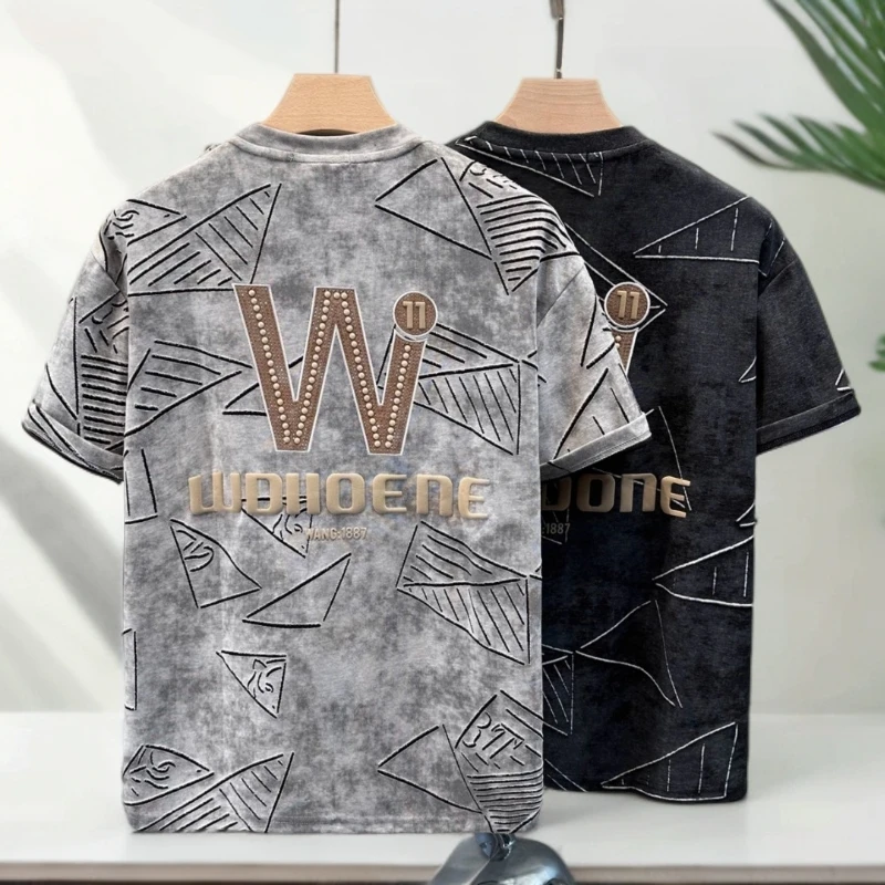 欧货重磅设计感烫钻破洞短袖t恤男2025新款夏季潮牌潮流美式半袖