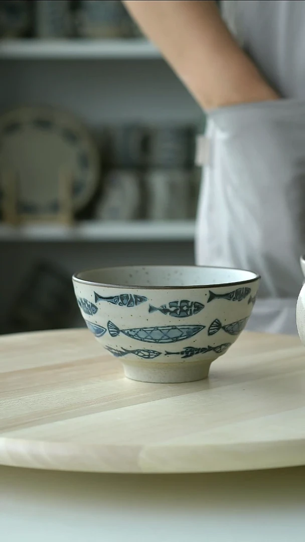 陶瓷粗陶手绘鱼群赶海米饭碗12cm@4-2@