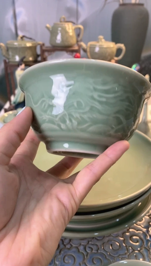 耀州窑b000026微瑕4.7英寸龙纹碗2个