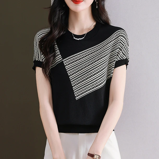 夏季女士清凉宽松显瘦圆领时尚百搭休闲设计感洋气上衣针织衫2625