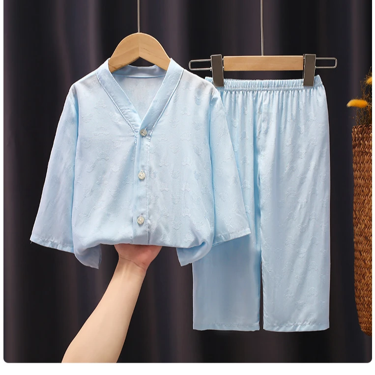 薄款开衫男童提花棉家居服套装女童睡衣极简风婴儿太太长袖欧若风