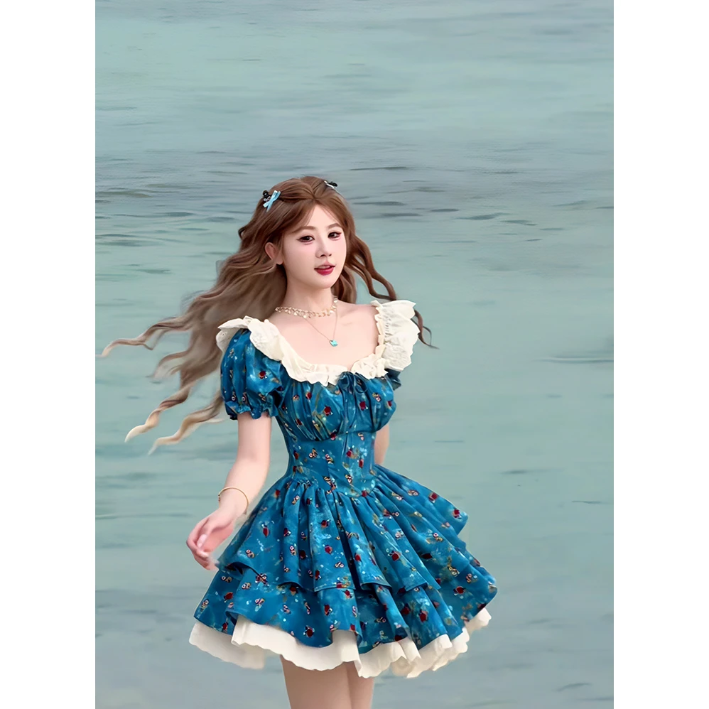 12307【糖糖】大码女装夏季法式甜美蓝色方领泡泡袖碎花连衣裙