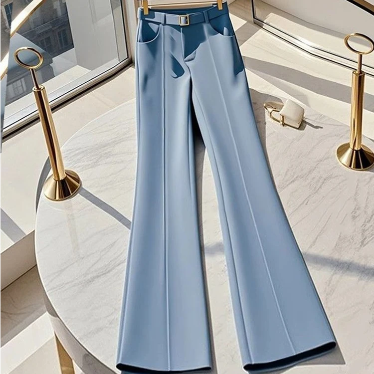 蓝色微喇裤女2025新款春秋季西裤高级感高腰职业洋气喇叭西装裤子