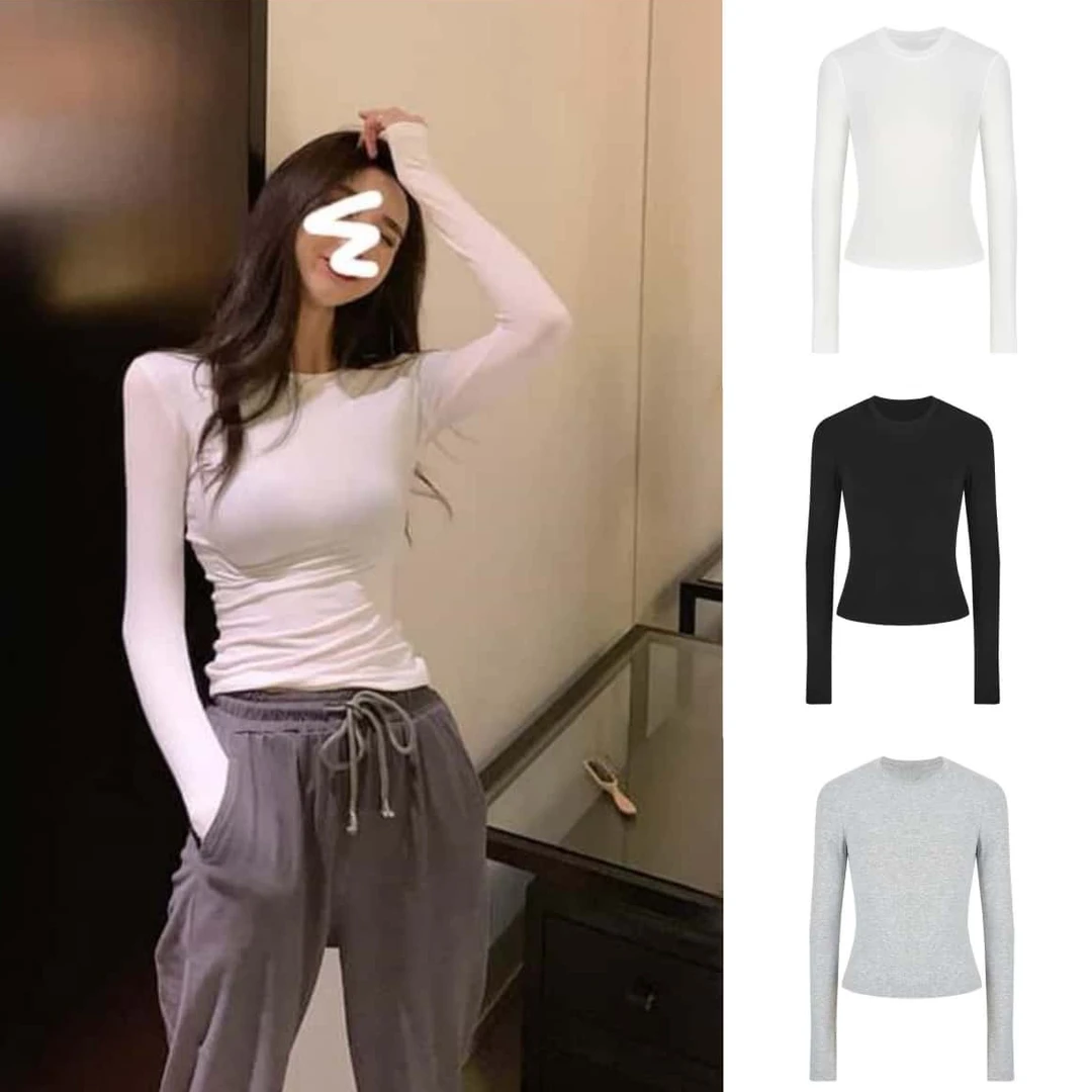 XIAO SISTERS/筱姐妹正肩圆领辣妹风打底衫蚂蚁腰修身长袖T恤上衣