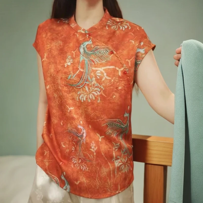 新中式重磅花萝缎橘色凤凰收腰宽松旗袍上衣2025新设计原创正品