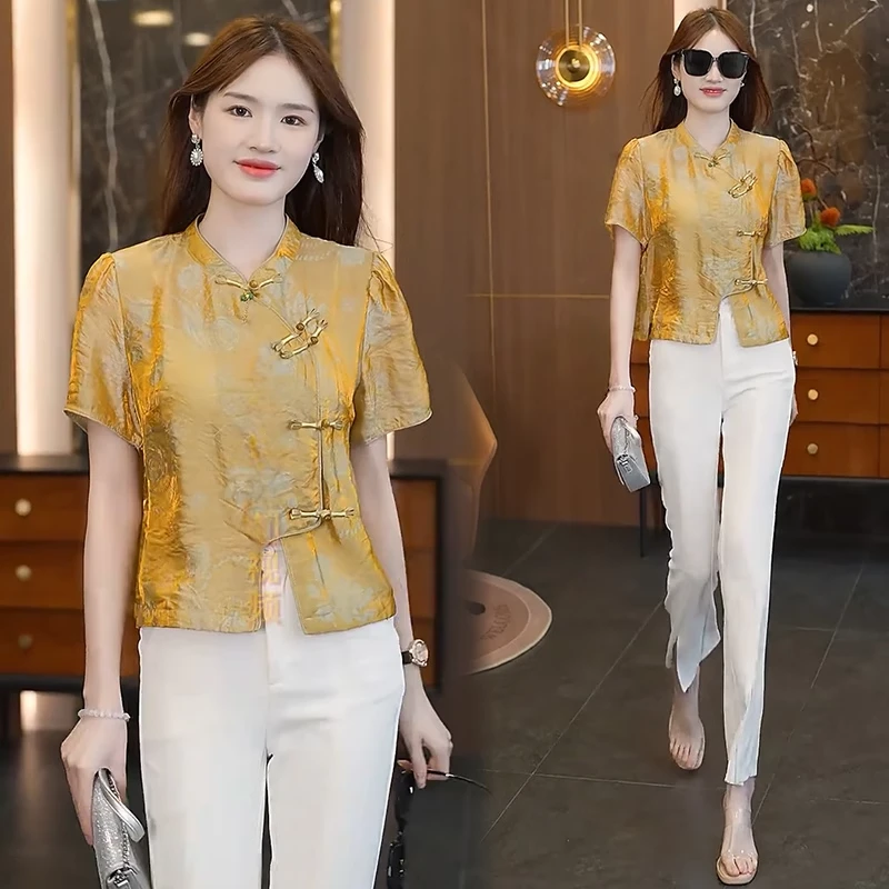 新中式国风精致上衣女2025新款夏季黄色提花高端盘扣减龄短袖衬衫
