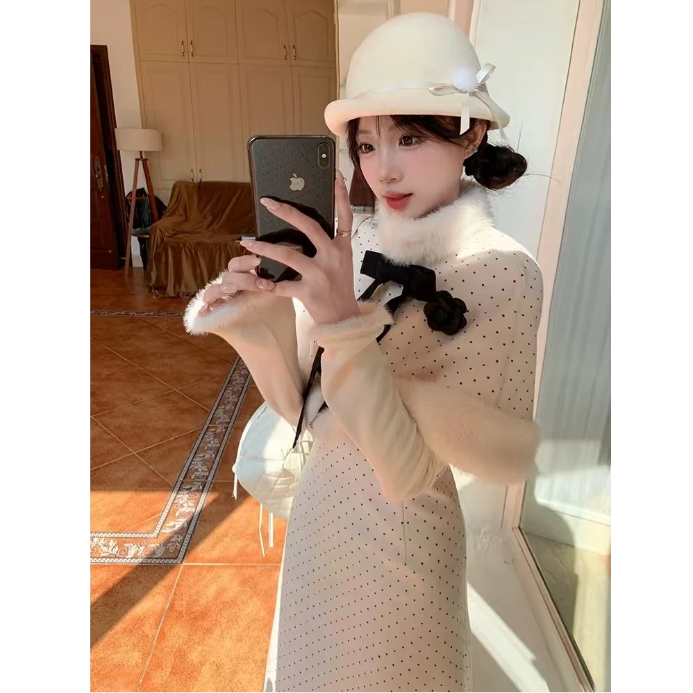 大码秋冬季复古时尚都市千金风气质波点连衣裙斗篷两件套装10736