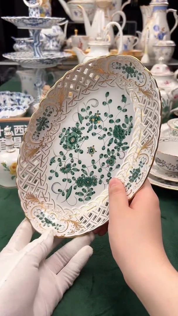 瓷片梅森一等印度之花绿色鎏金镂空果篮