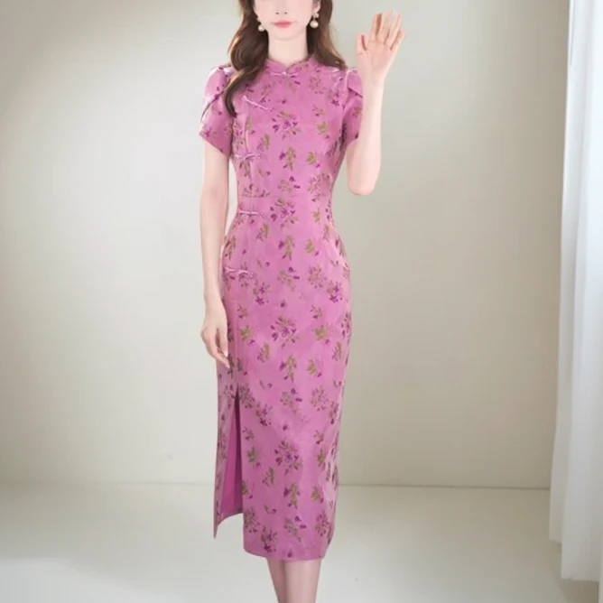 中式植物花卉提花粉色国风连衣裙女夏季气质时尚修身显瘦日常旗袍