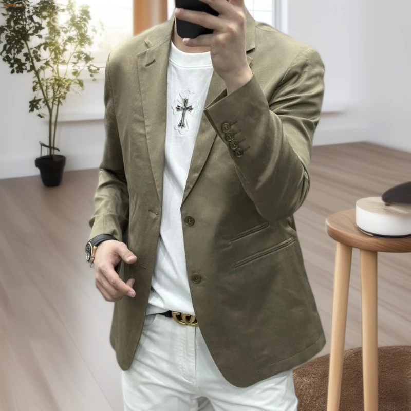 秋季轻奢时尚男装莱赛尔麻料西服外套简约修身纯色薄款西装上衣