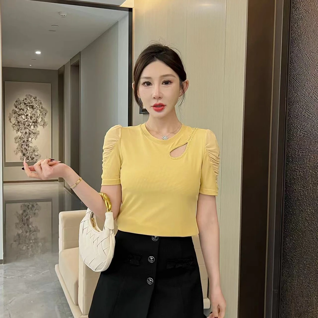 镂空洋气抗起球T恤少女风气质2025夏季不规则纯色上衣显瘦百搭