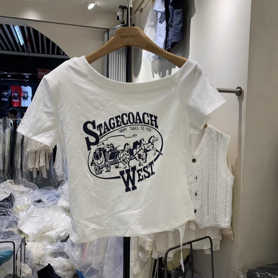 【马车T】欧洲站2025新款时尚设计感圆领修身显瘦百搭短袖斜肩T恤