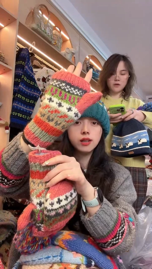 羊毛红***开百羊毛五指手套K018