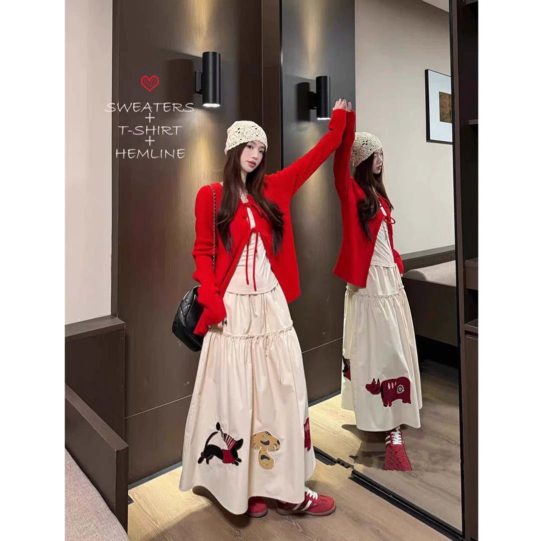 复古气质新年红色针织开衫女秋季2025新款休闲宽松百搭时尚毛衣潮