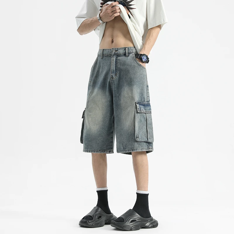 夏季青少年美式牛仔大口袋工装中裤男生直筒宽松潮流五分裤短裤子