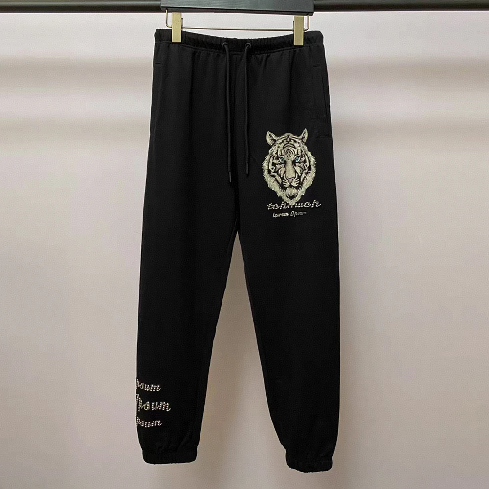 小虎头运动裤冬季烫钻休闲裤百搭裤子男女情侣潮流印花加绒秋季